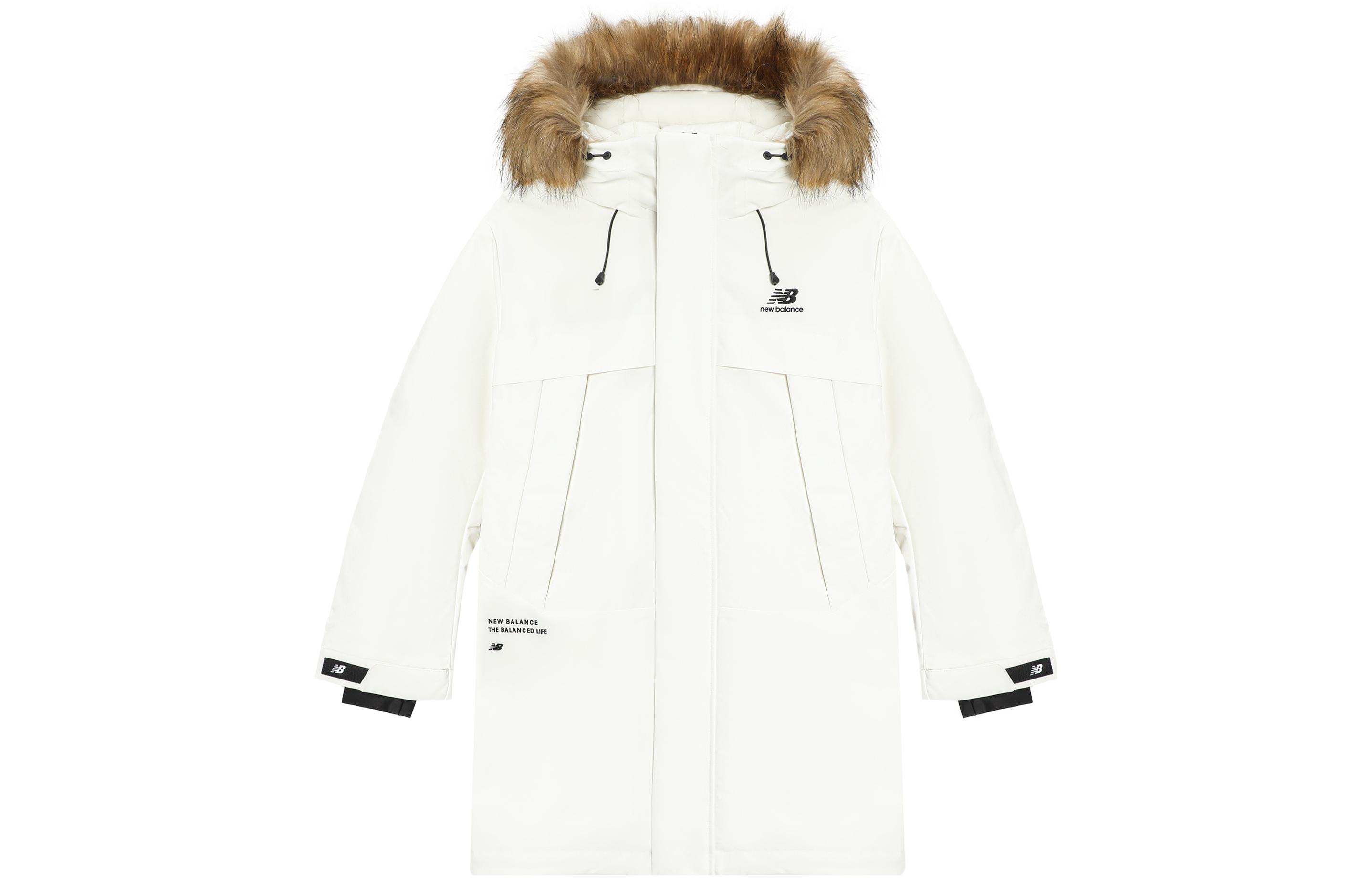 New Balance Winter Unisex White Hooded Logo Down Parka Jacket with Fur Collar. 5PC44303-IV