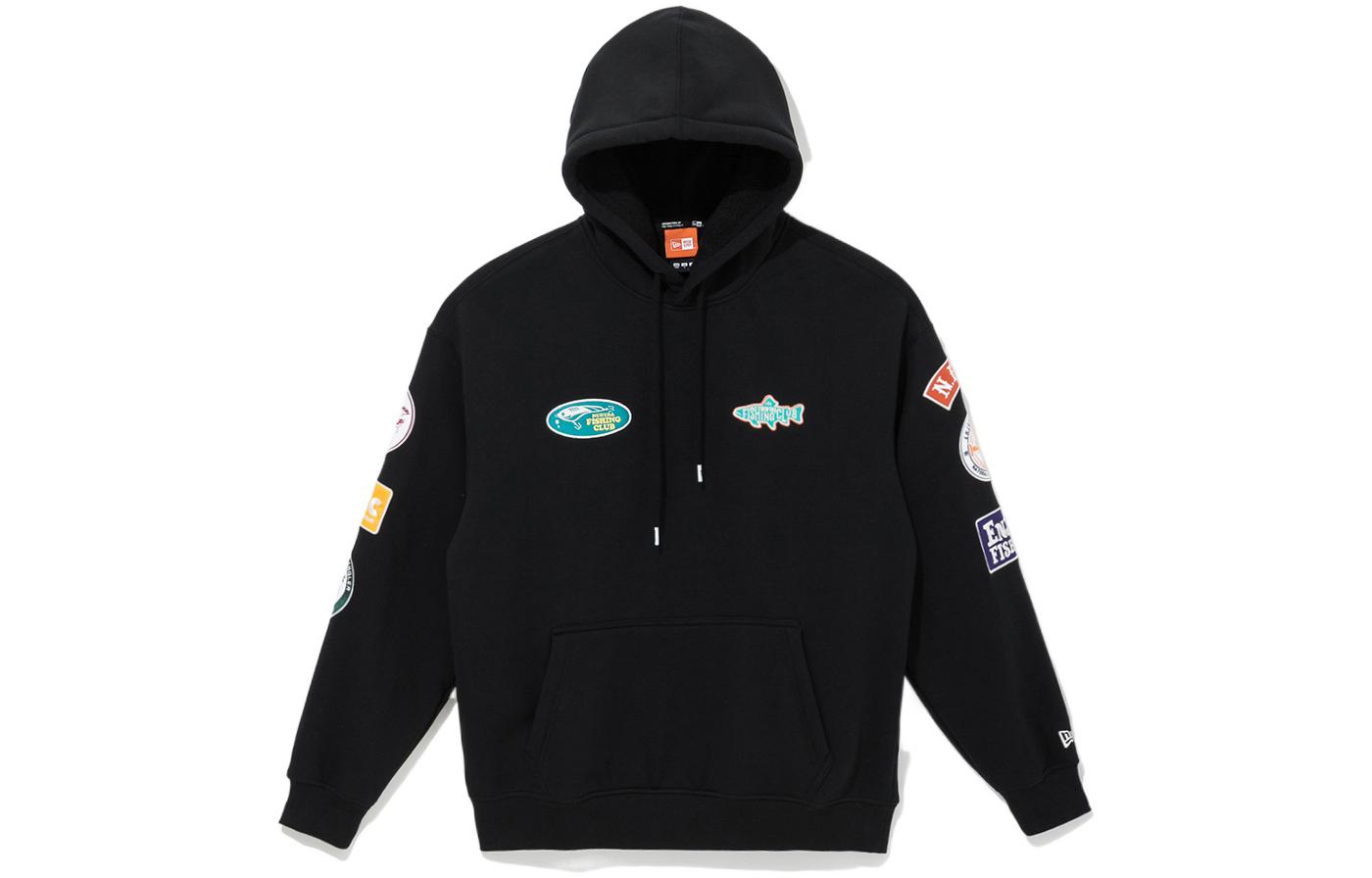 New Era FW22 Black Hoodie with Cartoon Embroidery & Drawstring for Men 13338559