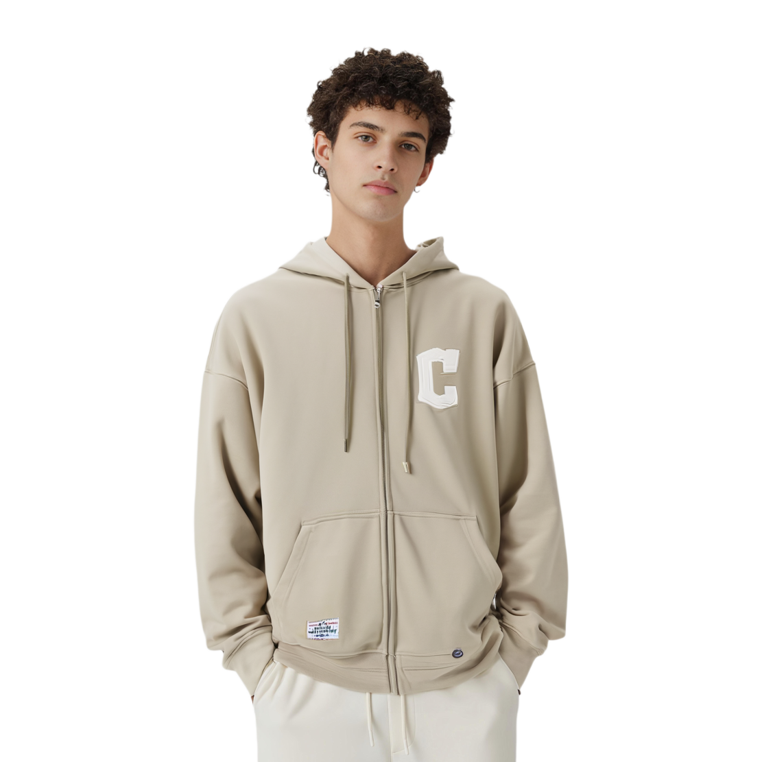 Shop New Era FW24 MLB 克里夫蘭印地安人寬鬆拉鍊連帽衫 男女 米色運動衫 14385212