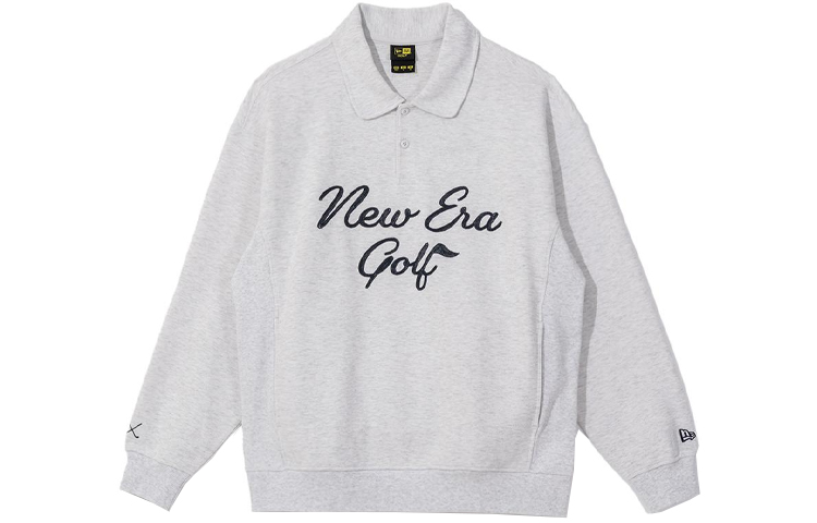 New Era Letter Printed Polo Collar Long Sleeve Sweatshirt Unisex Gray 13944749