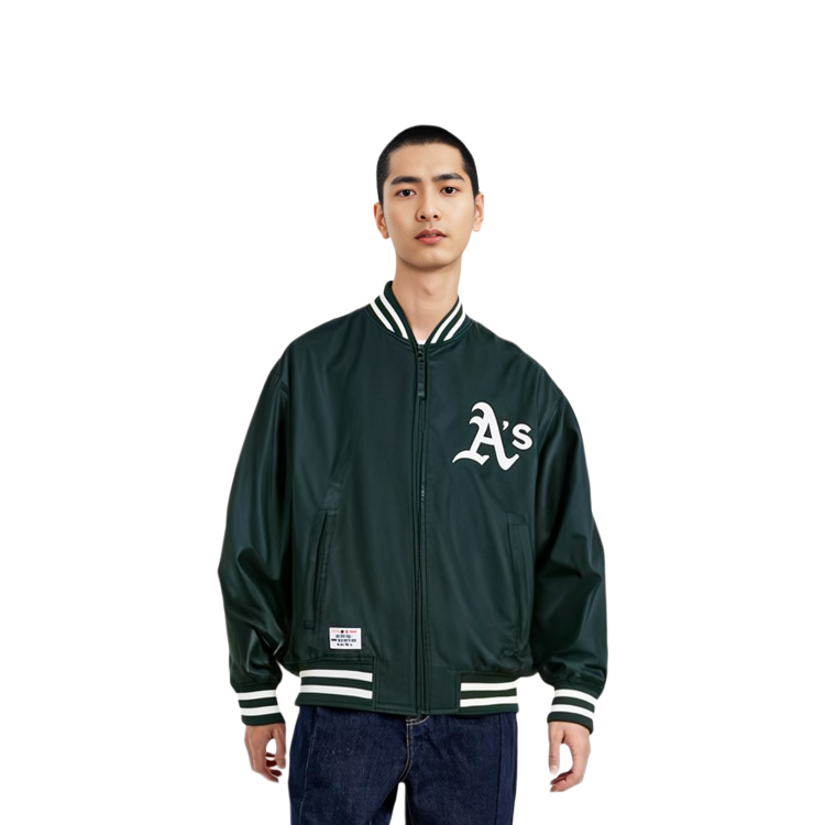 Shop 뉴에라 MLB 오클랜드 애슬레틱스 레터 프린트 집업 자켓 유니섹스 다크그린 13546434