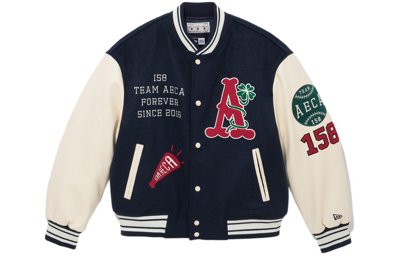 New Era Navy Blue Letter Print V-Neck Single-Breasted Jacket 13943631