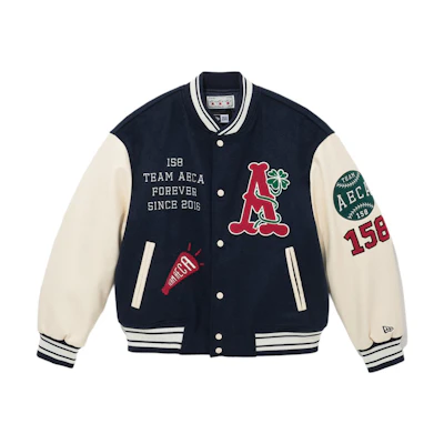 New Era Navy Blue Letter Print V-Neck Single-Breasted Jacket 13943631