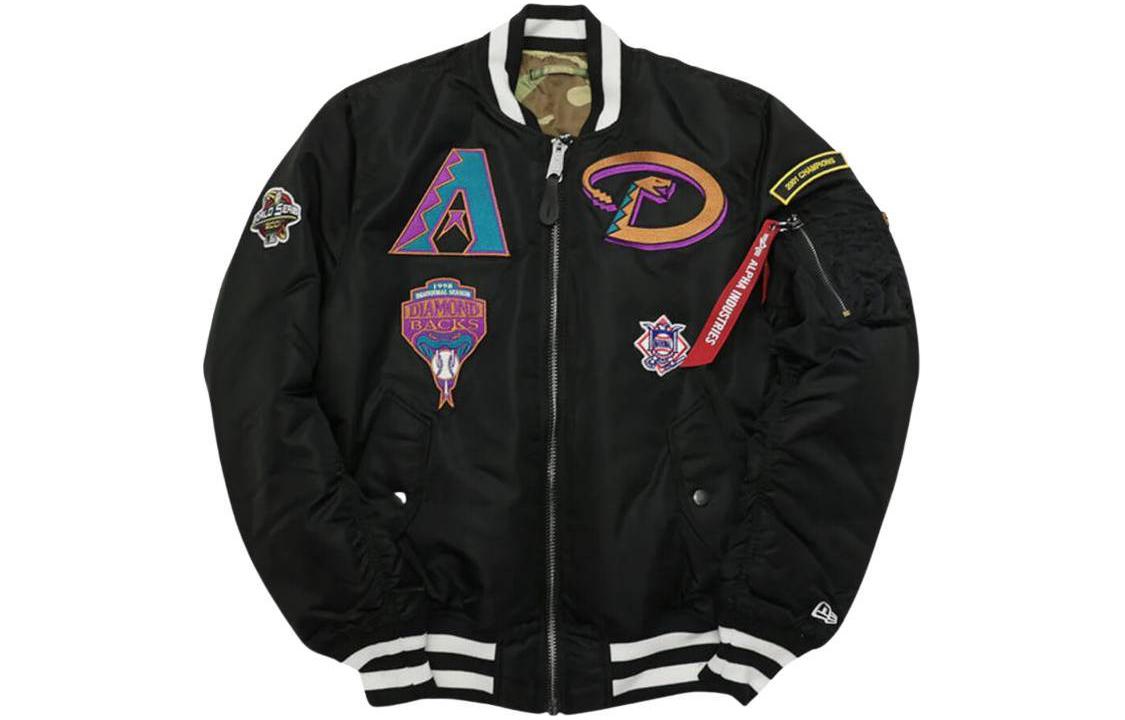 New Era Reversible Zip-Up Striped Jacket with Letter Patch - Black 13026037