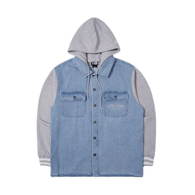 New Era SS24 Denim Blue Embroidered Logo Loose Hoodie Button Jacket Unisex 14187372