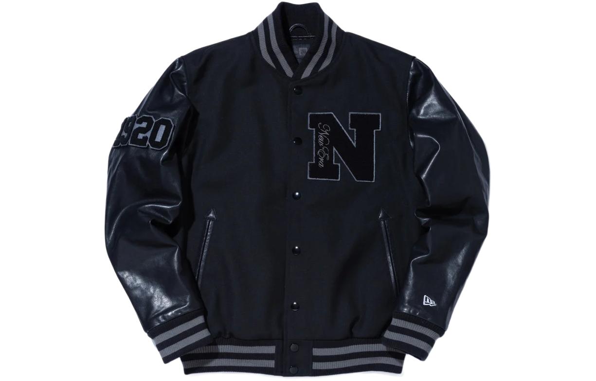 New Era Striped Stand Collar Loose Long Sleeve Jacket Unisex Black 12943680