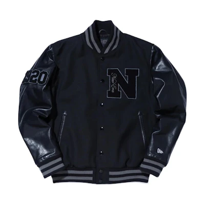 New Era Striped Stand Collar Loose Long Sleeve Jacket Unisex Black 12943680