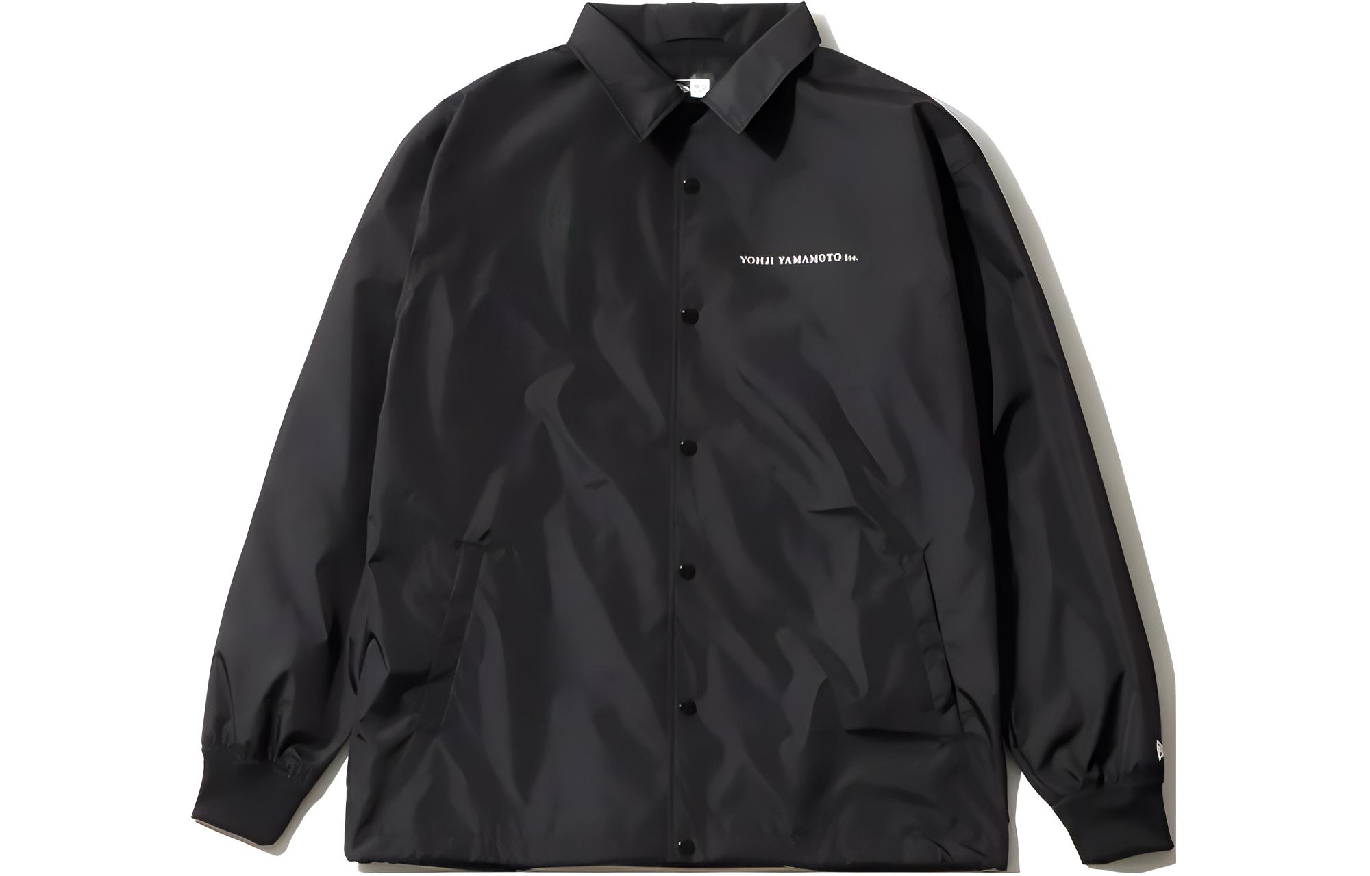 New Era Unisex Black Jacket: Solid Polo Collar, Long Sleeve, Letter Print, Pocket Design 12718204