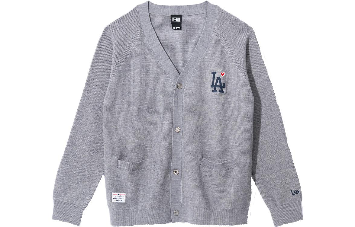 New Era x MLB FW23 LA Dodgers V-neck Cardigan Raglan Knit Sweater Unisex Grey 13781113