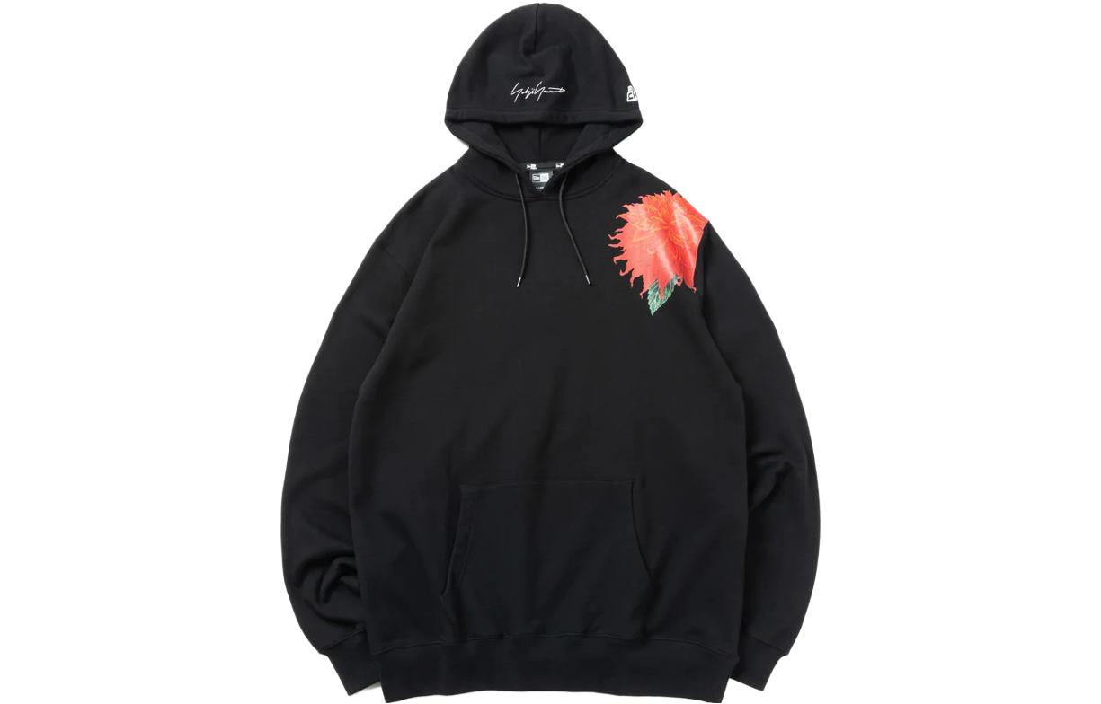 New Era Yohji Yamamoto SS23 Black Hoodie with Red Dahlia Shoulder Design 13505590