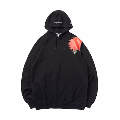 New Era Yohji Yamamoto SS23 Black Hoodie with Red Dahlia Shoulder Design 13505590