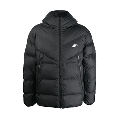 Nike Black Logo Print Hooded Puffer Jacket with Zipper Pocket. DR9605-010