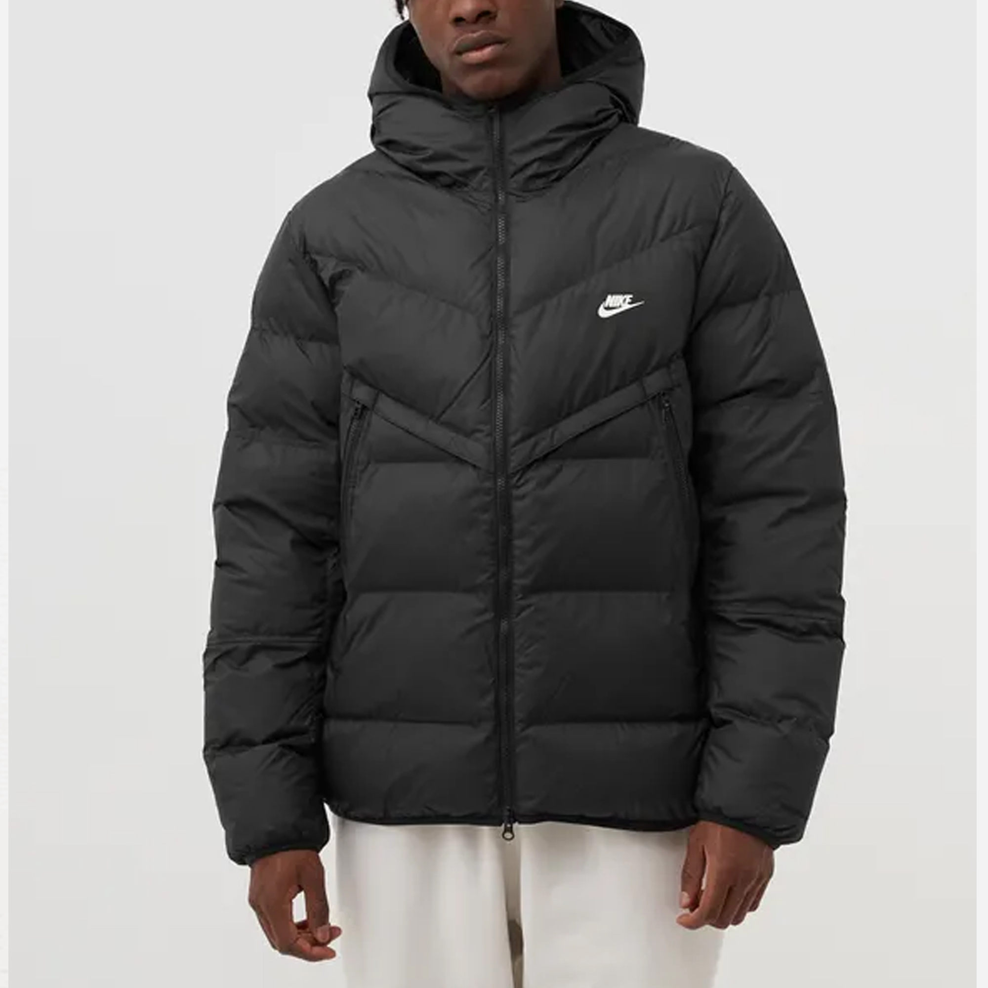 Shop Nike  Black Logo Print Hooded Puffer Jacket with Zipper Pocket. DR9605-010