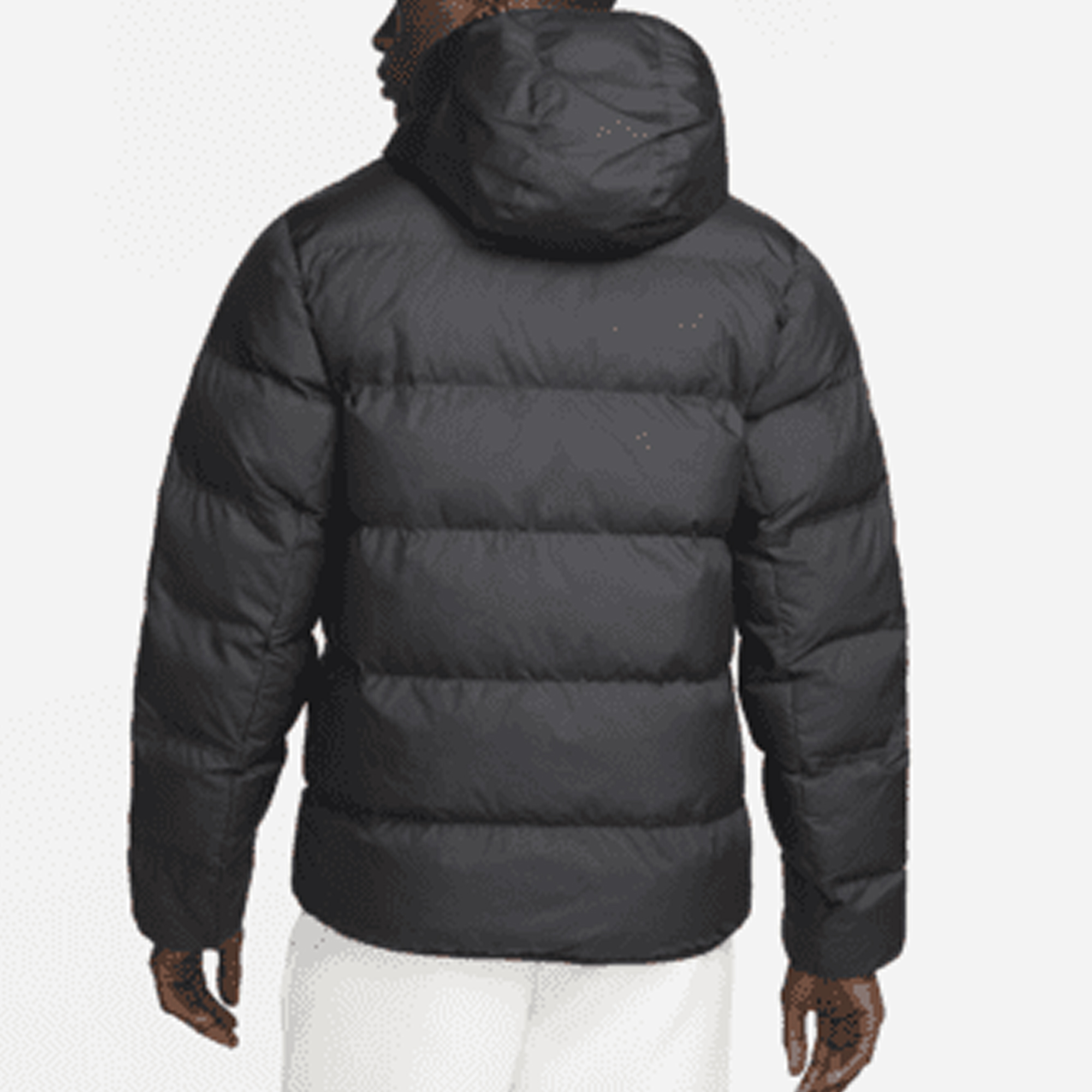 Purchase Nike  Black Logo Print Hooded Puffer Jacket with Zipper Pocket. DR9605-010