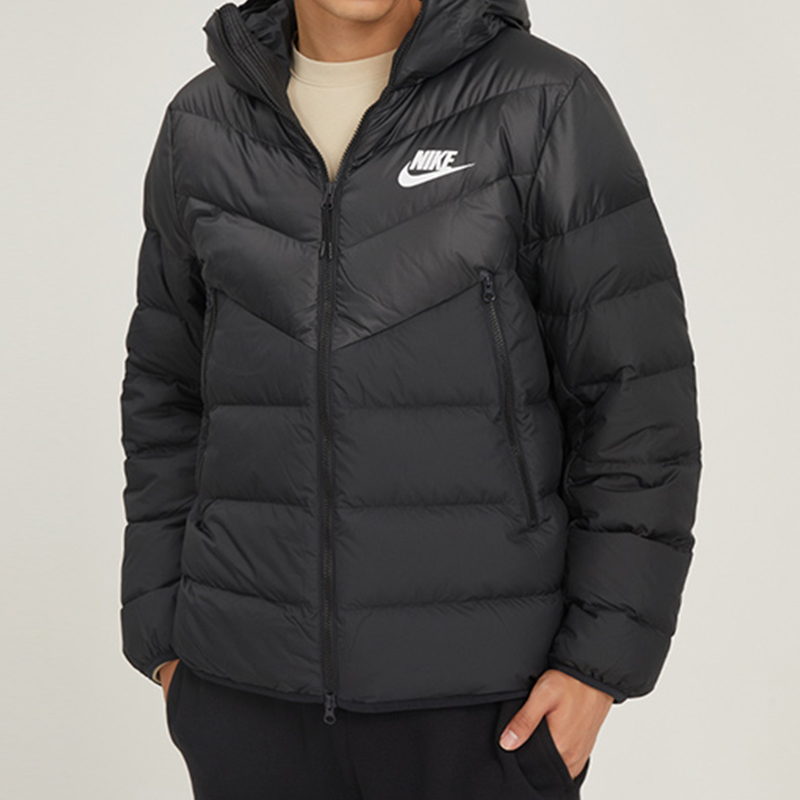 Shop Nike  Black Logo Zipper Hooded Down Jacket DV0754-010