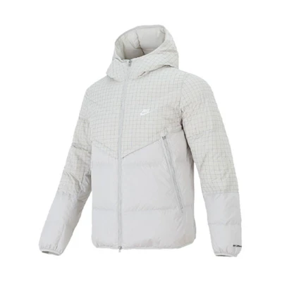 Nike White Winter Puffer Jacket with Plaid Patchwork and Hood. DD6964-072