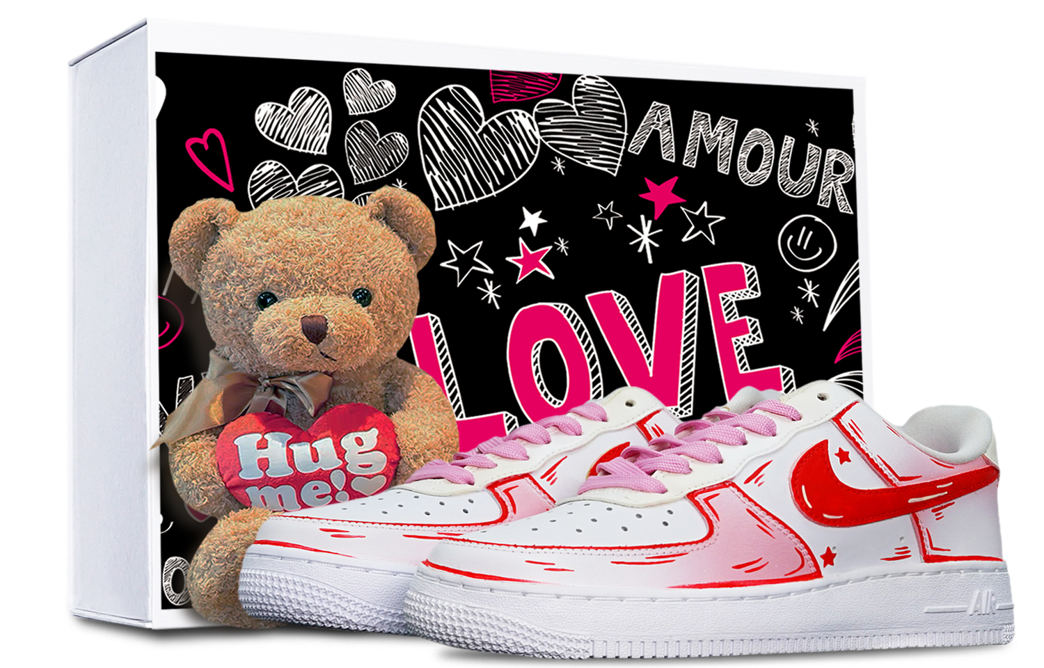 Buy 【定制球鞋】Nike Air Force 1 Low 二次元線條 櫻花粉 復古 特殊鞋盒 送小熊 低幫 板鞋 男款 粉白