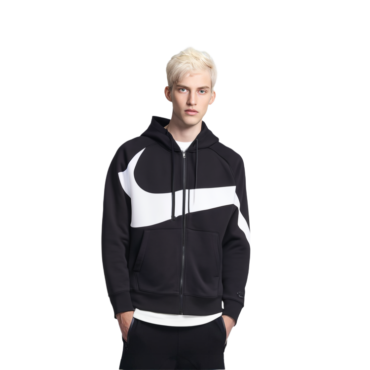 Cheap Nike Big Swoosh Hoodie Jaket Hitam dengan Resleting AR3085-010