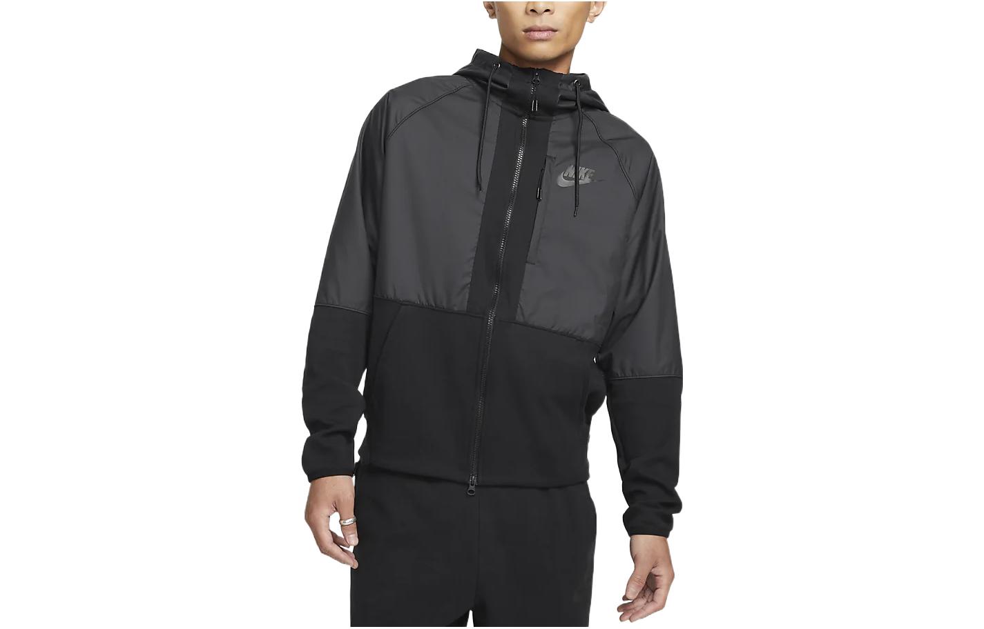 Nike Black Logo Print Spliced Drawstring Hoodie Zip Jacket DD4897-010