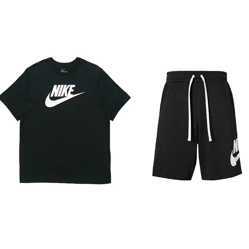 Nike Classic Logo Print Tee & Drawstring Shorts Set Unisex Black Retro Style DX0503-010+AR5005-010