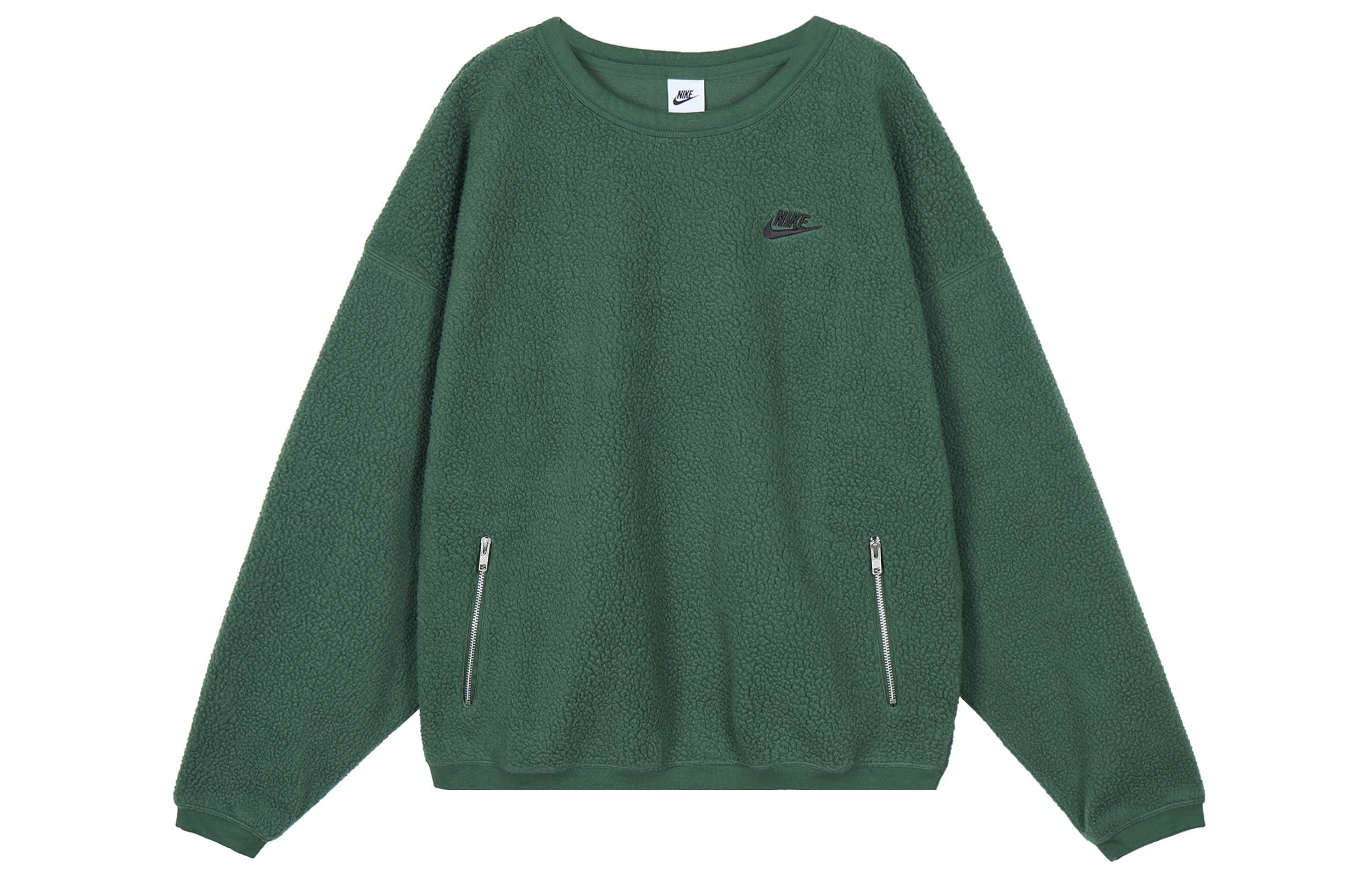 Nike Club Fleece Solid Crewneck Sweatshirt Fir Green with Zip Pocket Design FB8379-323