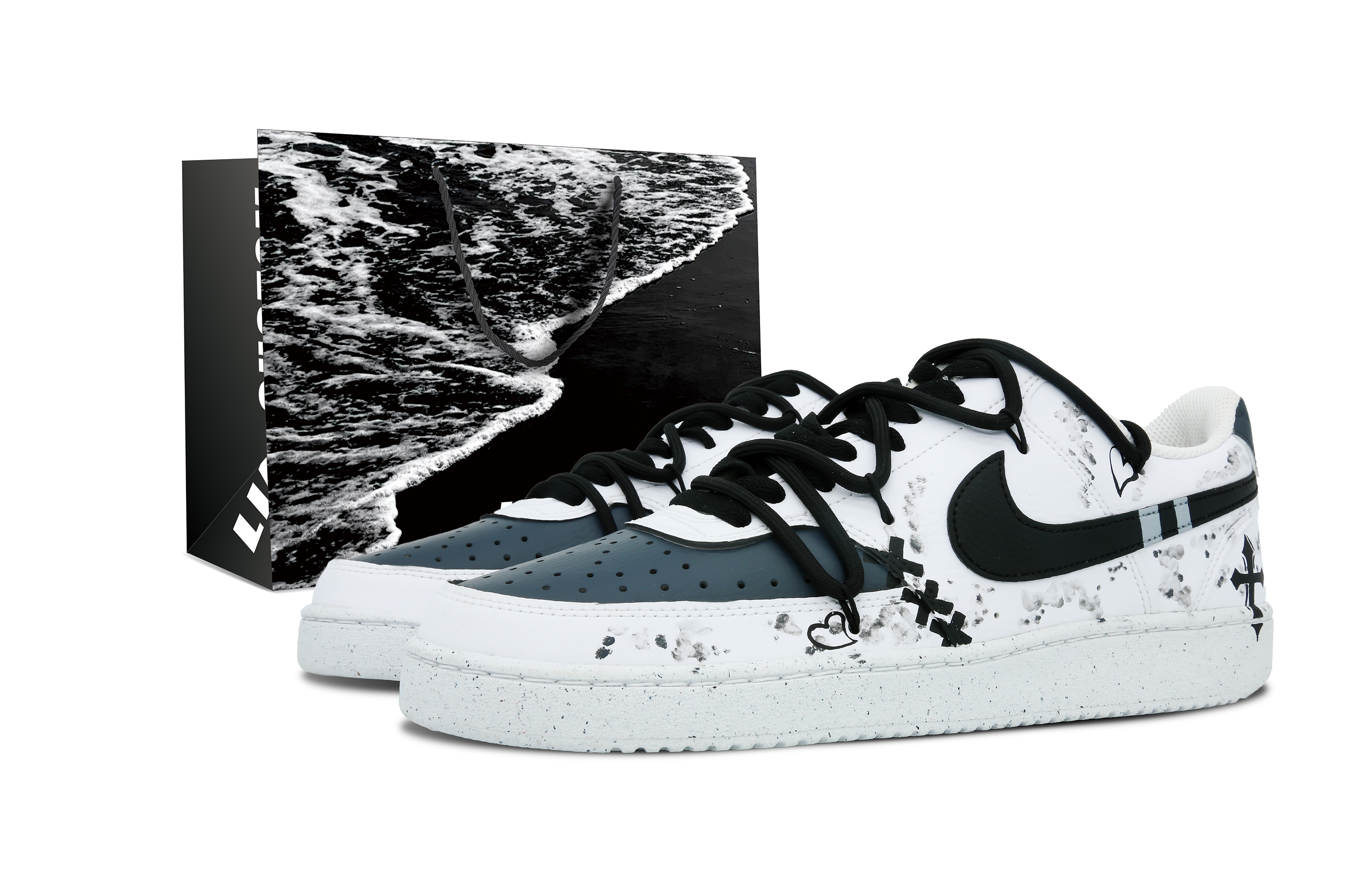 Buy 【定制球鞋】 Nike Court Vision 1 Low 十字封印 黑沙灘手提袋 小眾潮流 低幫 板鞋 男款 白黑
