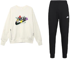 Nike Embroidered Swoosh Crewneck Sweatshirt & Breathable Pants Set FJ9558-110/BV2680-010 Nike Embroidered Swoosh Crewneck Sweatshirt & Breathable Pants Set FJ9558-110/BV2680-010
