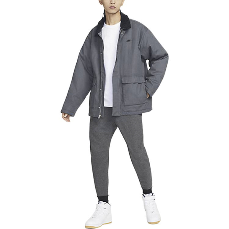 Shop 나이키 회색 자수 로고 플리스 카라 긴팔 재킷 FD6683-068