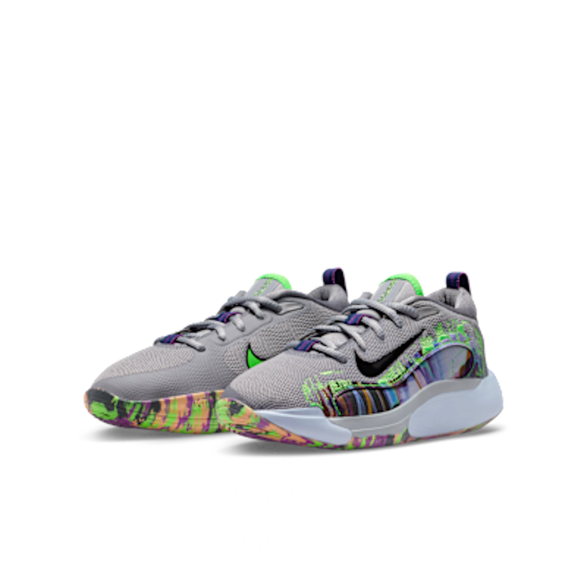 (Youth) Nike IsoFly Sneaker Cement Gray/Black/Vivid Purple/Green Strike