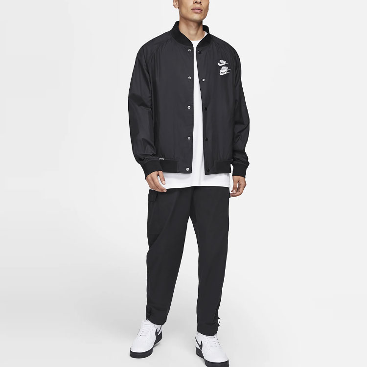 Shop Nike Letter Logo Printed Woven Casual Jacket Black DA0648-010