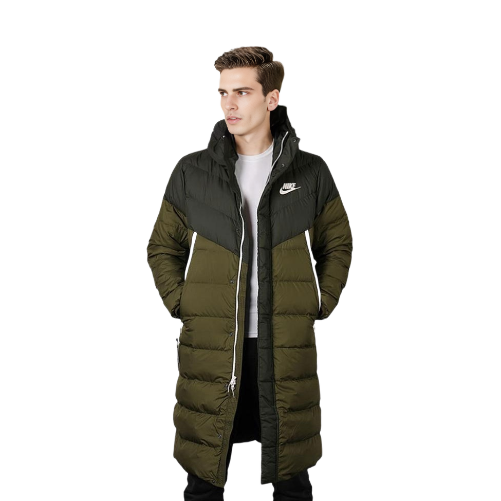 Lookbook Nike 綠色連帽長版羽絨外套 男款 AA8854-355