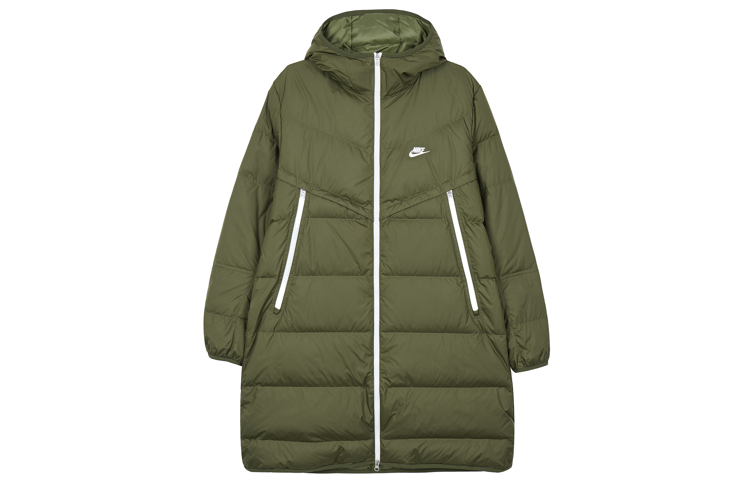 Nike Logo Printed Mid-Length Hooded Down Coat Winter Olive Green. DD6789-326
