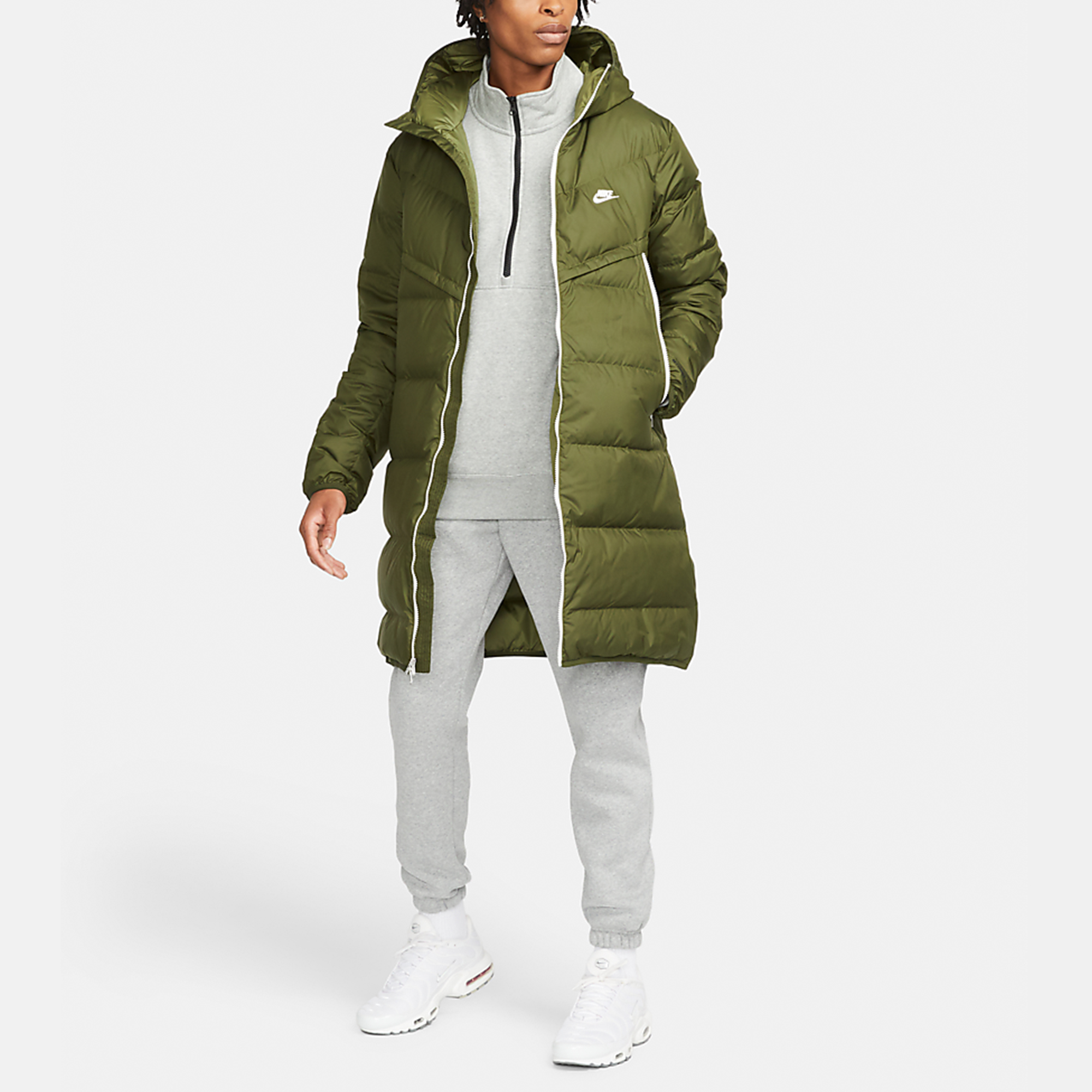 Shop Nike Logo Printed Mid-Length Hooded Down Coat Winter Olive Green. DD6789-326