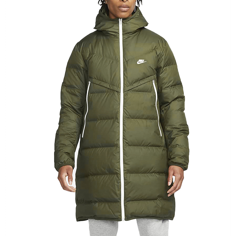 Purchase Nike Logo Printed Mid-Length Hooded Down Coat Winter Olive Green. DD6789-326
