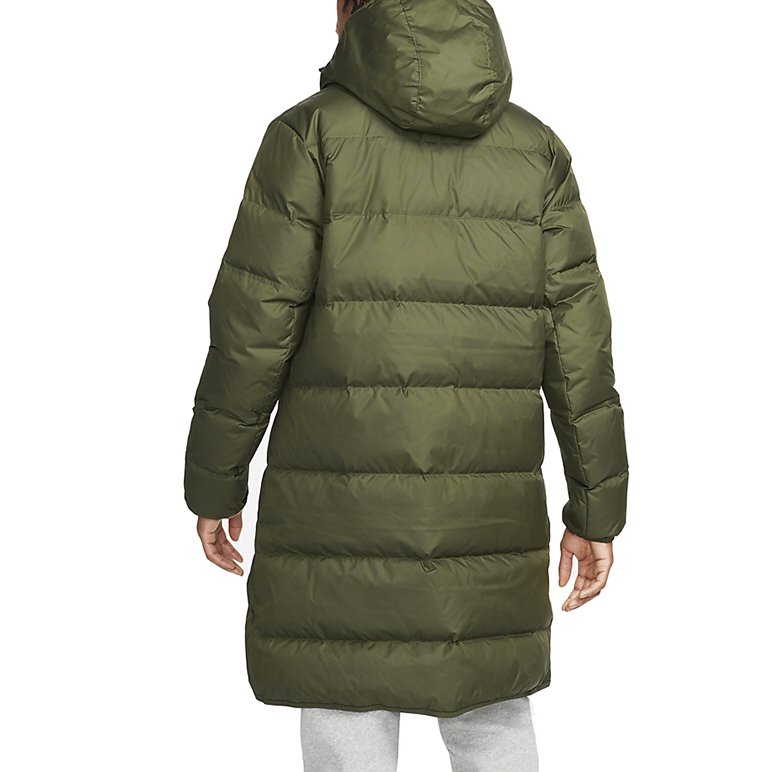 Details for Nike Logo Printed Mid-Length Hooded Down Coat Winter Olive Green. DD6789-326
