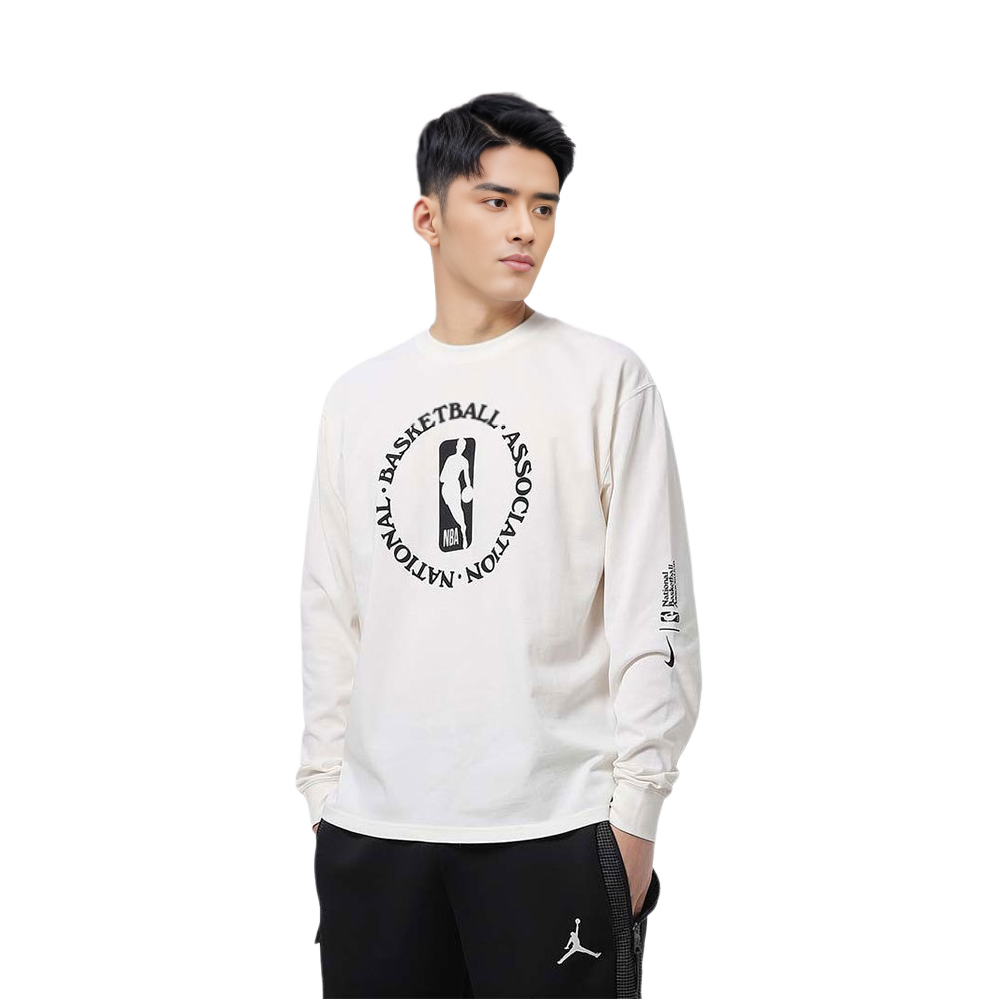 Shop Nike NBA Logo Print Crewneck Long-Sleeve Sweatshirt Off-White DC1943-910