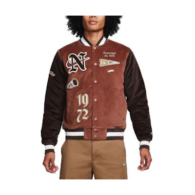 Nike Sportswear Brown Corduroy Varsity Jacket Retro Collegiate Style. FQ6159-256