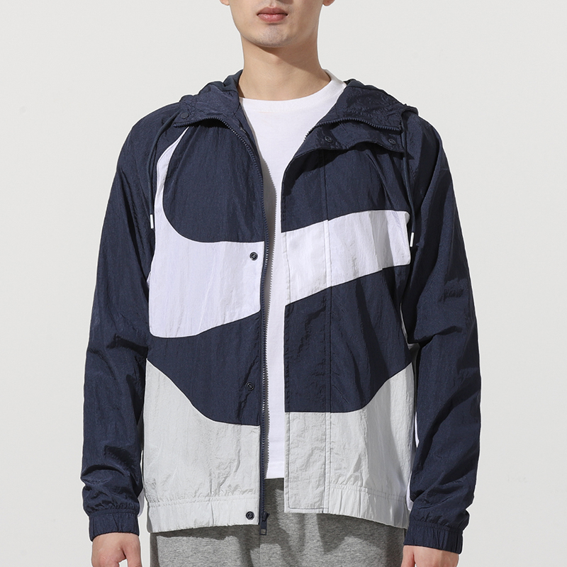 Shop Nike Sportswear Swoosh Colorblock Logo Hooded Woven Jacket Navy Blue Spring DD5968-437