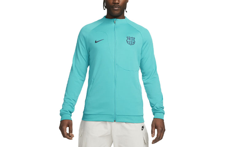 Nike SS23 Thunder Blue Embroidered Logo Knit Long Sleeve Football Jacket Men DX8470-300