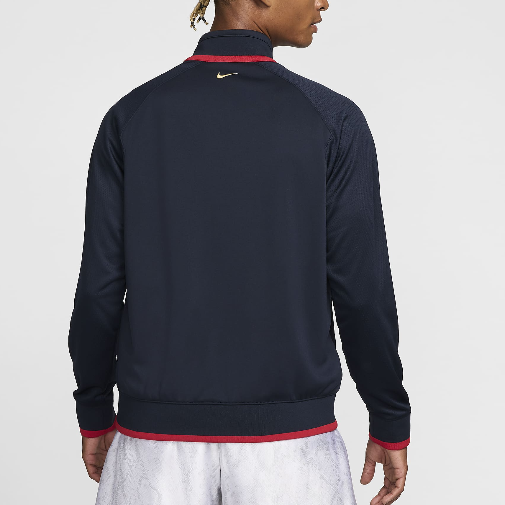 Shop Nike SS24 Jaket Pria Kobe Merah Hitam Logo Stand Collar Zip-Up FZ0937-475