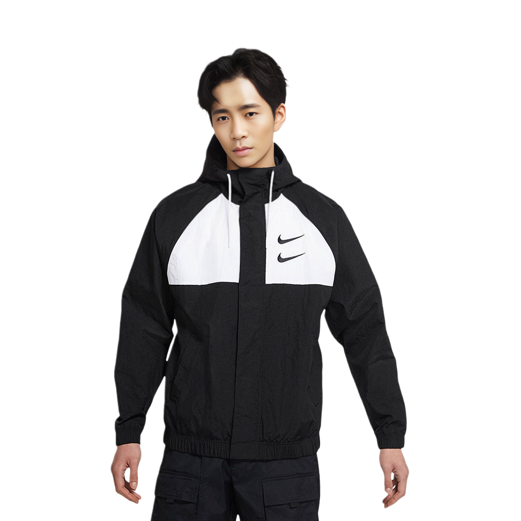 Shop Nike Swoosh Double Hook Jaket Anti Angin Bertudung Musim Semi Warna Hitam DJ9647-011