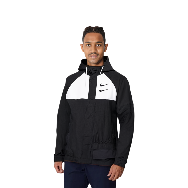 Sizing Nike Swoosh Double Hook Jaket Anti Angin Bertudung Musim Semi Warna Hitam DJ9647-011