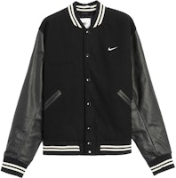 Nike Varsity Jacket Black Unisex Long Sleeve Button-Up Plain Colorblock Design FD7845-010 Nike Varsity Jacket Black Unisex Long Sleeve Button-Up Plain Colorblock Design FD7845-010