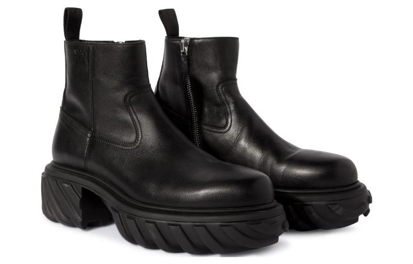 Order オフホワイト 黒レザーチャンキーブーツ OMID029F23LEA0011010