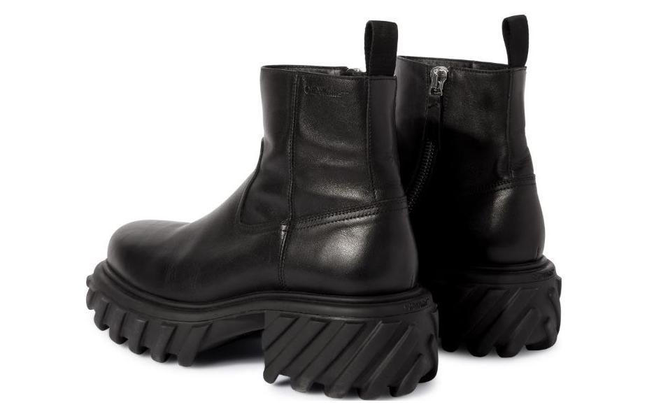 Lookbook オフホワイト 黒レザーチャンキーブーツ OMID029F23LEA0011010