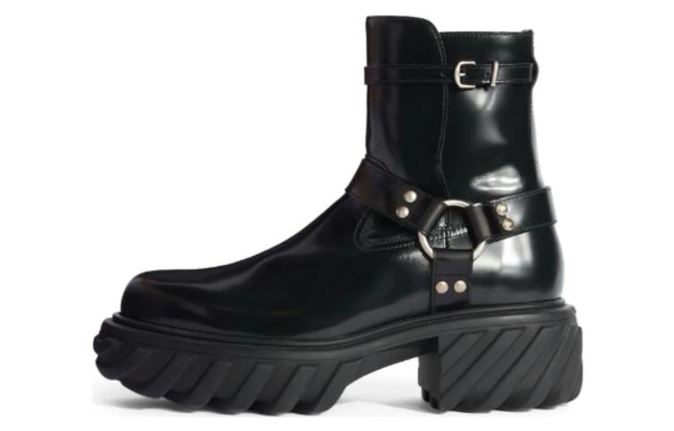 Off-White 'Black Leather Round-Toe Chunky Heel Buckle Boots'