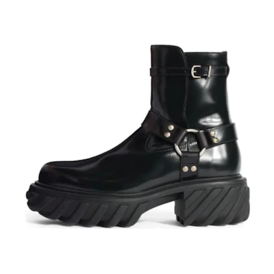 Off-White 'Black Leather Round-Toe Chunky Heel Buckle Boots'