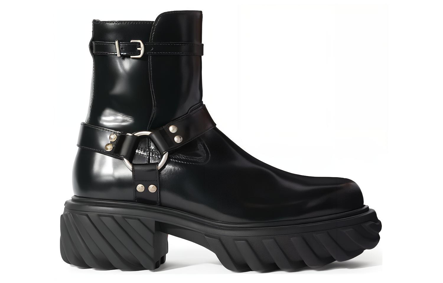 Off-White 'Black Leather Round-Toe Chunky Heel Buckle Boots' 圖 2