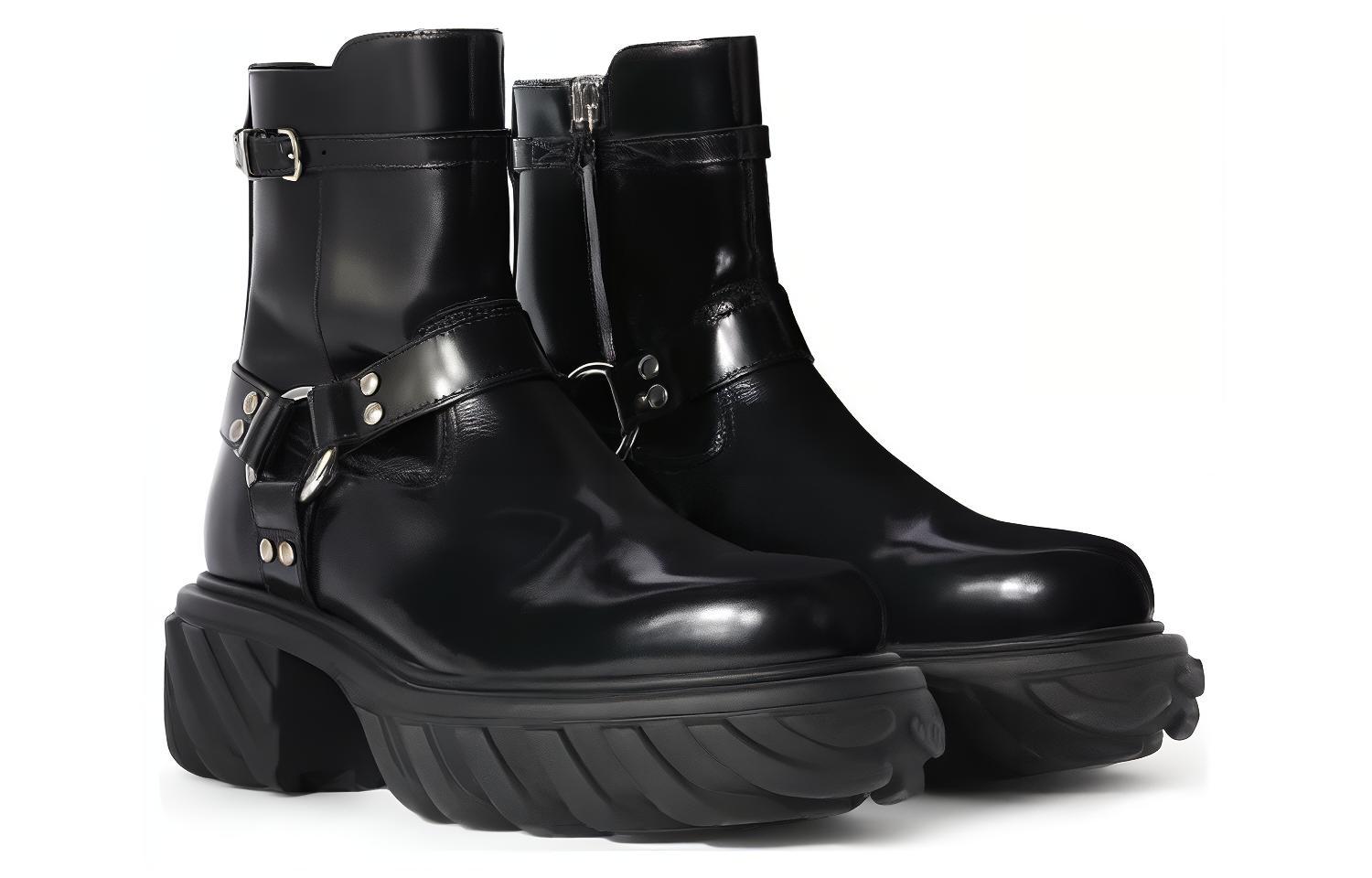 Off-White 'Black Leather Round-Toe Chunky Heel Buckle Boots' 圖 3