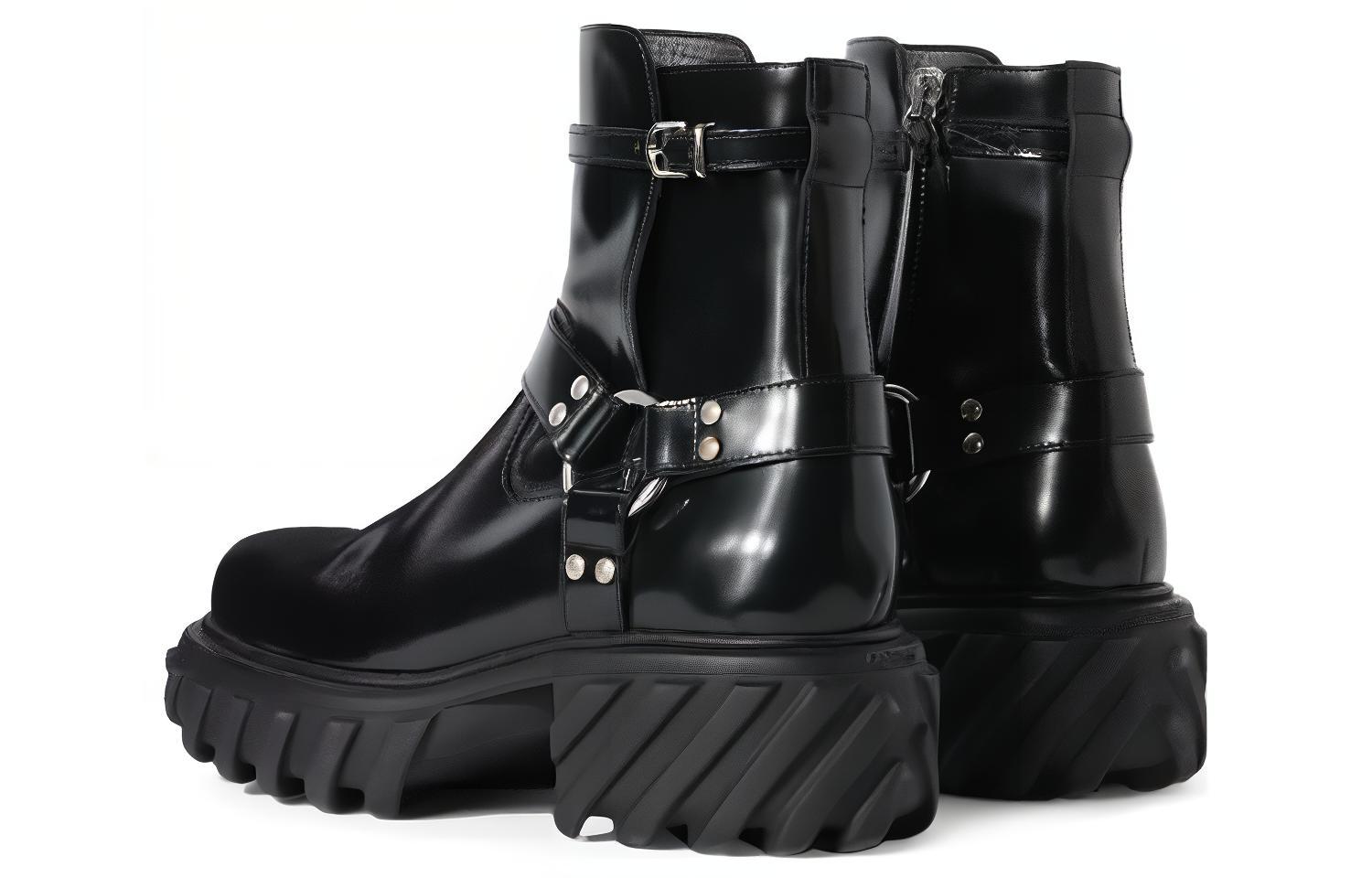 Off-White 'Black Leather Round-Toe Chunky Heel Buckle Boots' 圖 4